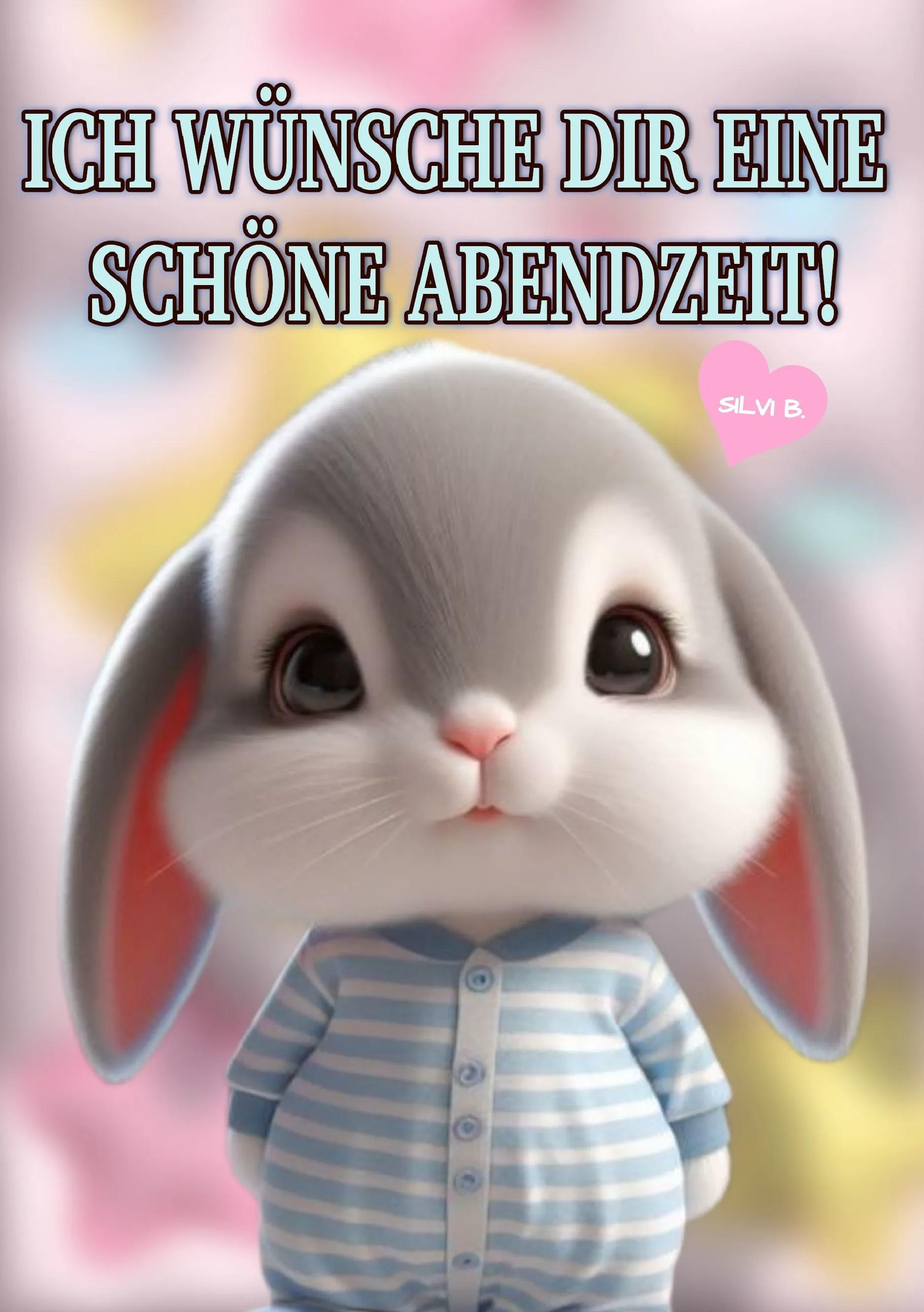 Ein niedliches, flauschiges graues Hasenbaby im blau-weiß gestreiften Strampler blickt mit großen Augen. Ein süßes Guten-Abend-Grußbild für eine schöne Abendzeit.